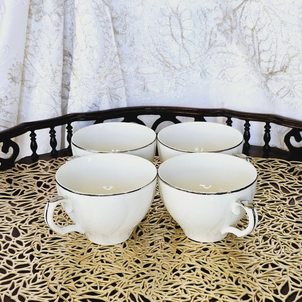 Vintage Laurel China 7285 Anniversary Porcelain Tea Cup 4pc Set, Silver Rim